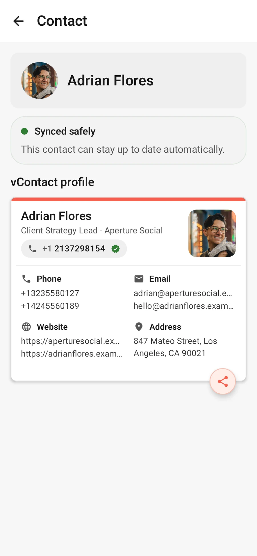 vContact contact details screen showing a complete mapped profile.