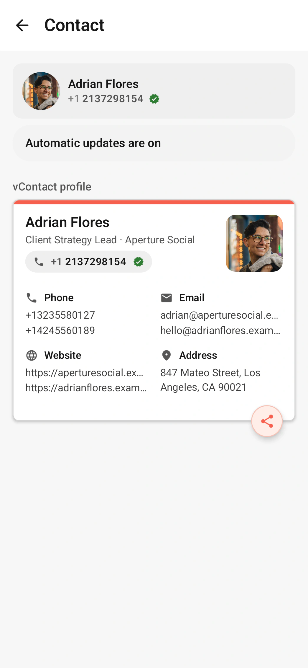 vContact contact details screen showing a complete mapped profile.