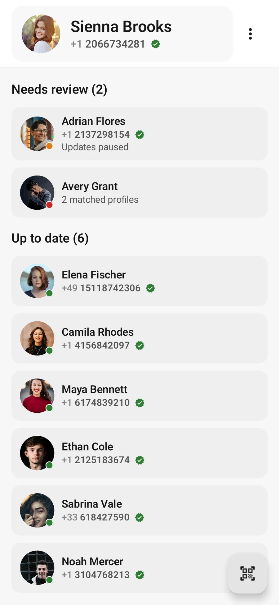 vContact home screen showing grouped contacts