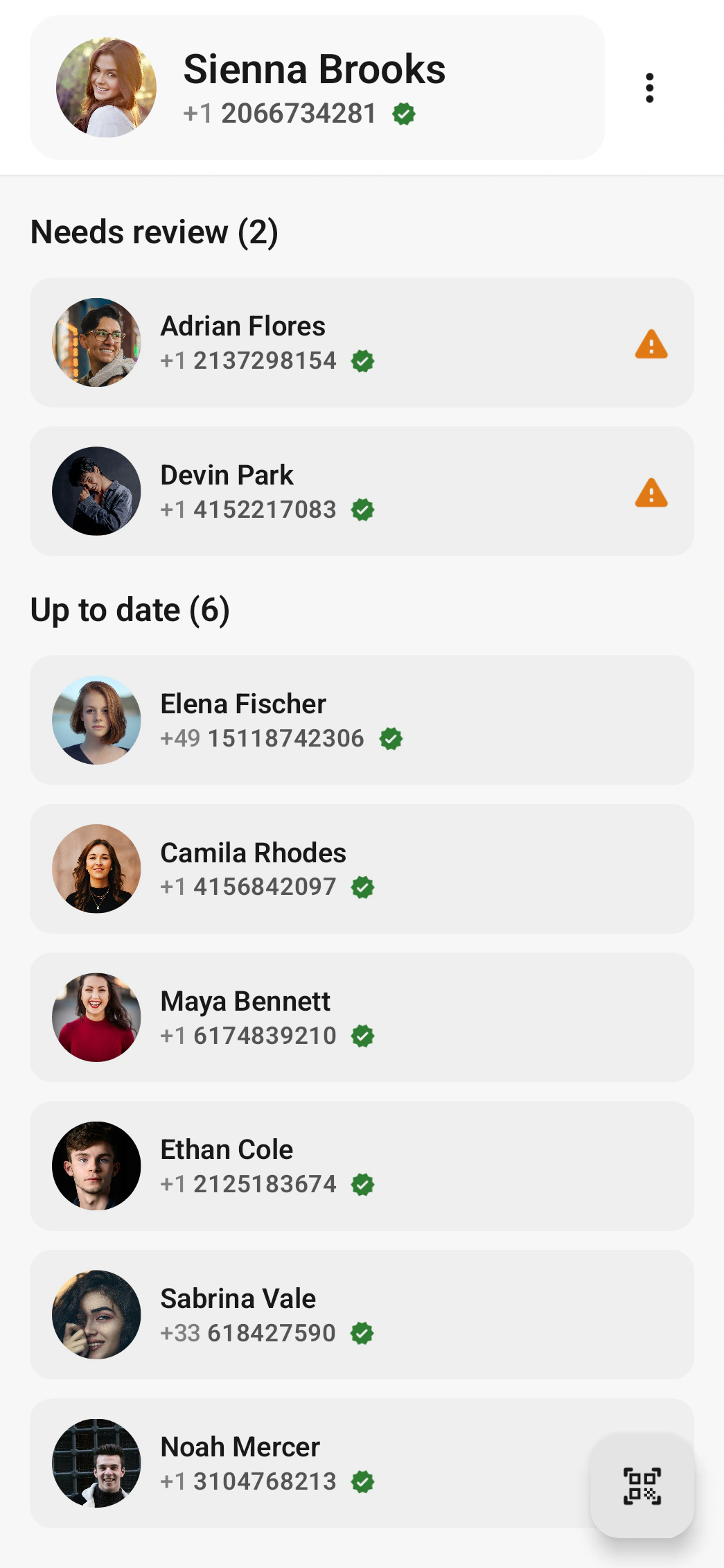 vContact home screen showing grouped contacts