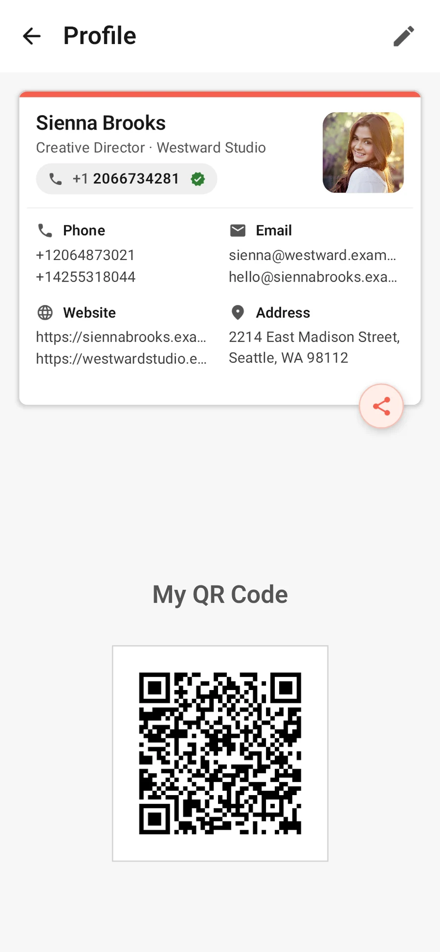 vContact profile share screen with QR code