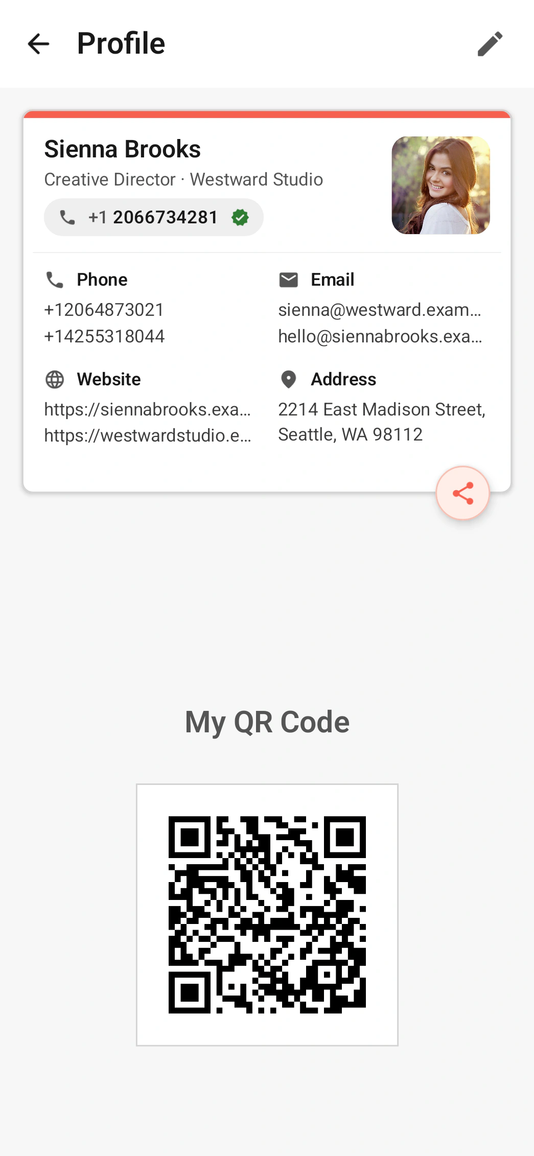 vContact profile share screen with QR code